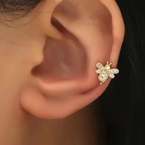 Gold Bee Ear Cuff. Elegant Bee Clip-On Earring with Sparkling Cubic Zirconia 🐝